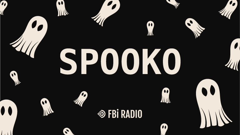 White ghosts swirling around the word 'Spooko' on a dark background